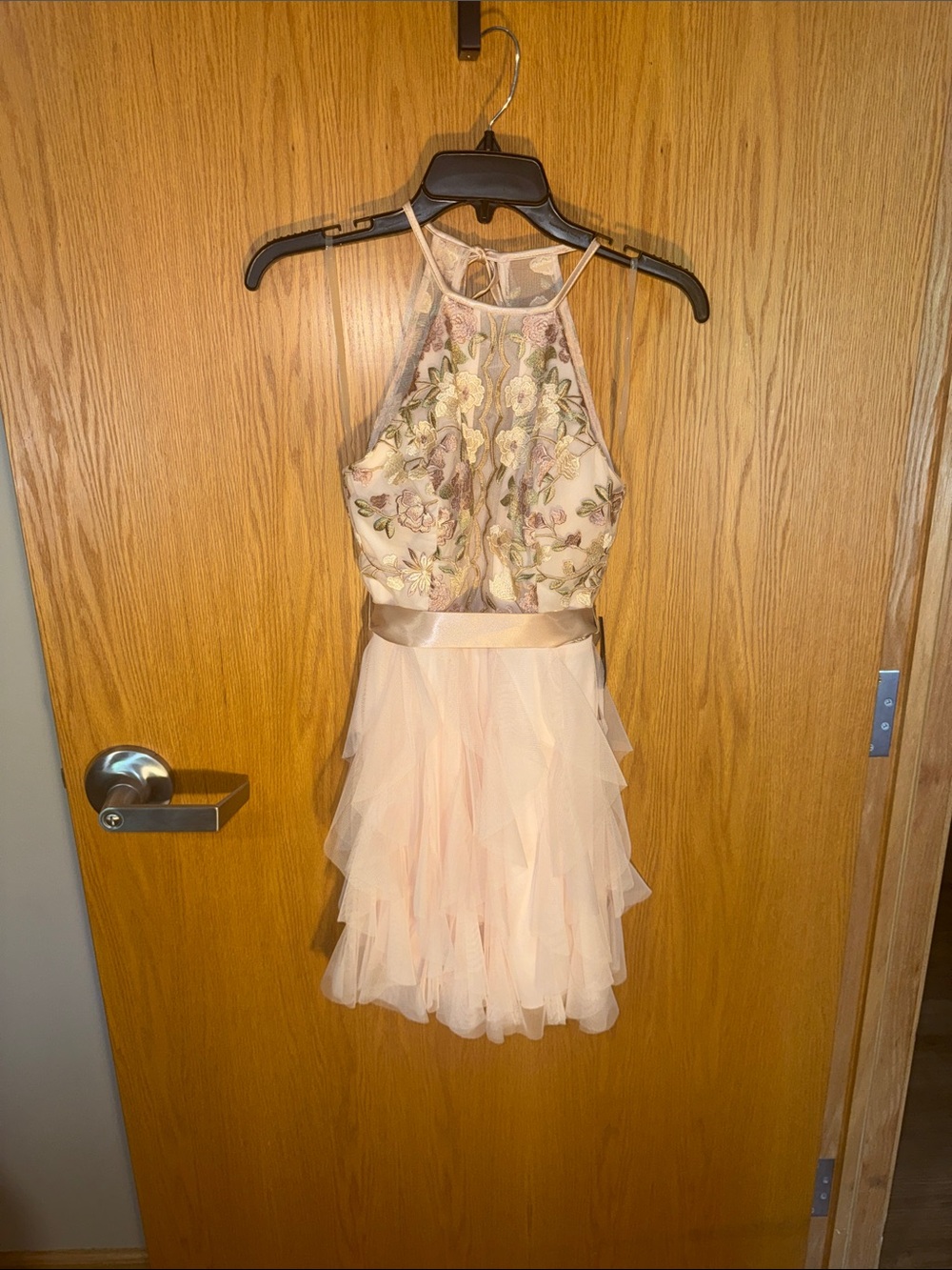 Teeze Me Floral Embroidered Halter Dress - champagne rose